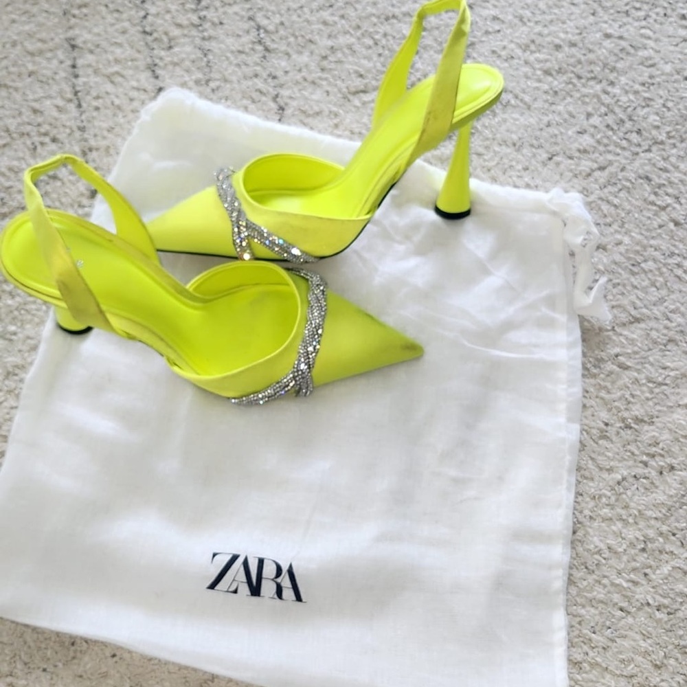 Zara Neon Yellow Heels with Silver Accents